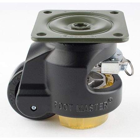 Foot Master Leveling Caster, Ratchet, 63 mm Nylon Wheel, 90x90 mm Plate, Swivel, 550 kg Cap, PU Foot Pad, Black GDR-80-F-NYN-CUR-FBL